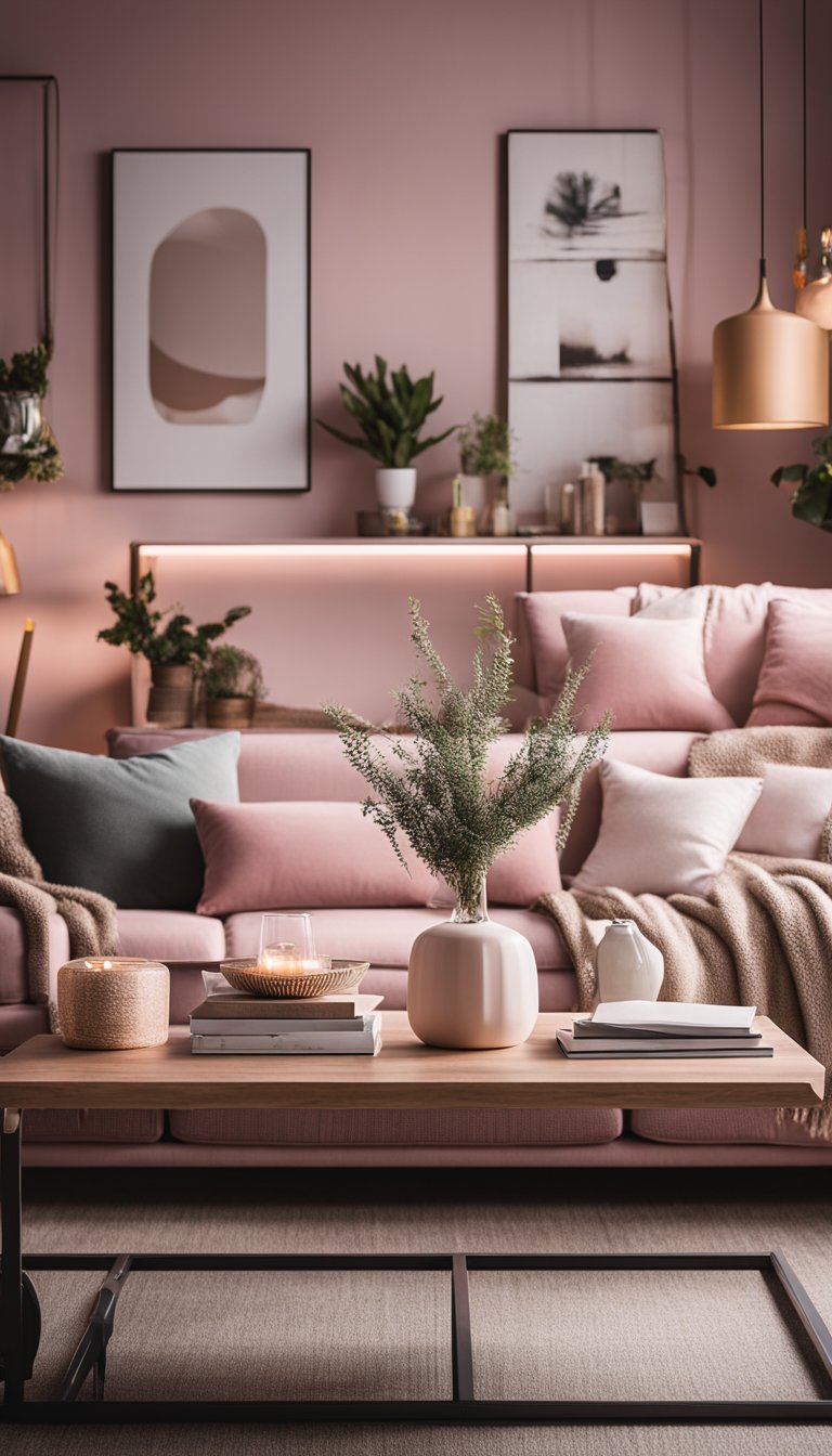 A cozy living room with pink accents, rustic furniture, and warm lighting