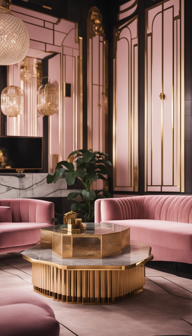 A luxurious Art Deco living room with pink velvet furniture, geometric patterns, and gold accents