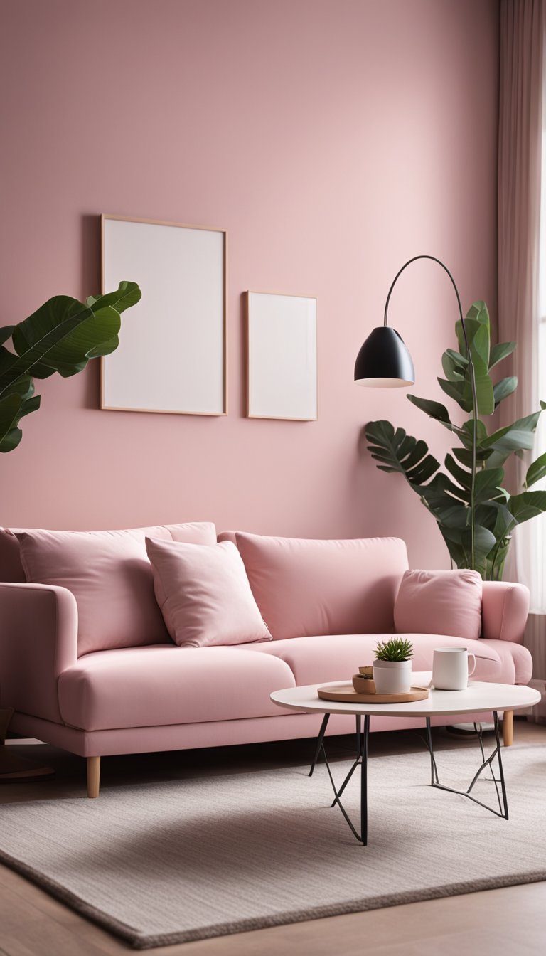 A cozy pink living room with minimalist furniture and decor, featuring clean lines and natural light