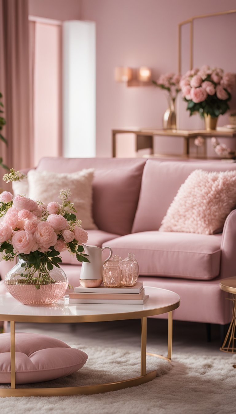 A cozy pink living room with elegant furniture, soft lighting, and floral accents