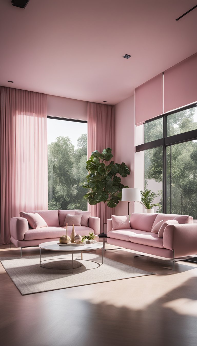 A sleek, modern living room with pink accents, minimalist furniture, and large windows letting in natural light