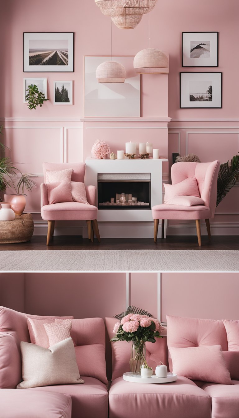 A cozy living room with a pink color scheme, featuring pink furniture, throw pillows, and decor accents