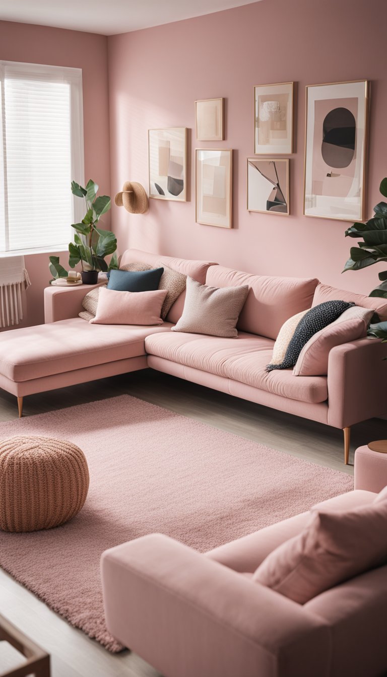 A cozy pink living room with muted tones, featuring a plush sofa, soft throw pillows, and a warm area rug