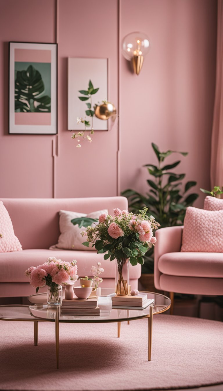 A cozy pink living room with floral prints, vintage furniture, and soft lighting
