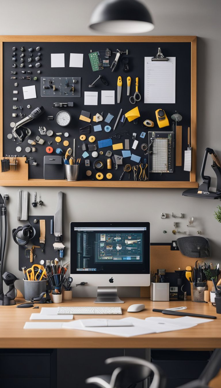 A magnetic board with various tools neatly organized in an office craft room combo