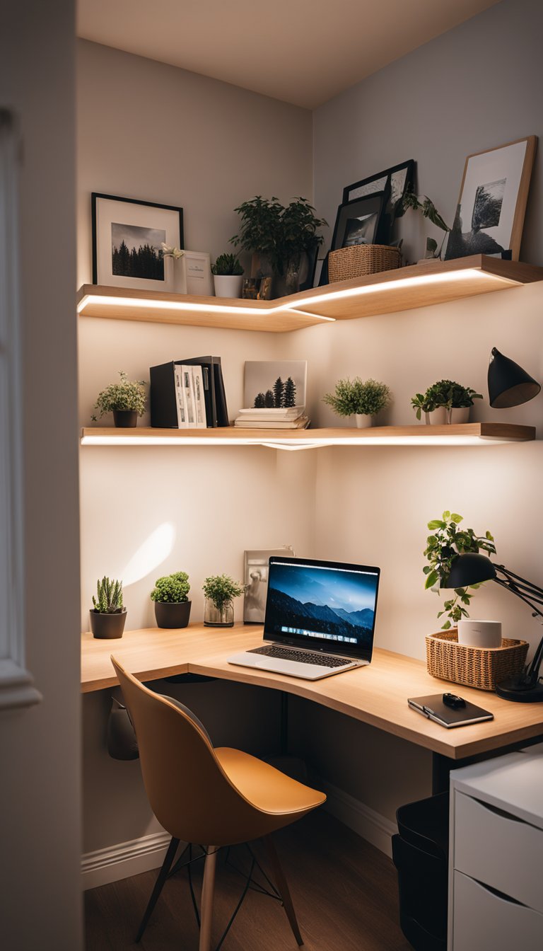 A corner desk with built-in lighting in a cozy office-craft room combo