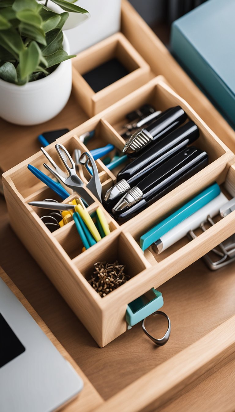 A wooden desktop organizer holds various stationery items, such as pens, pencils, scissors, and paper clips, neatly arranged in a home office craft room combo
