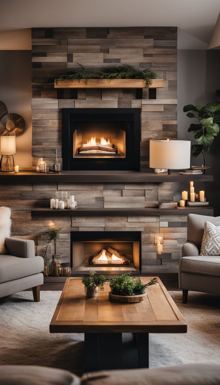 A cozy living room with a modern farmhouse fireplace featuring a reclaimed wood mantel, surrounded by comfortable seating and warm lighting