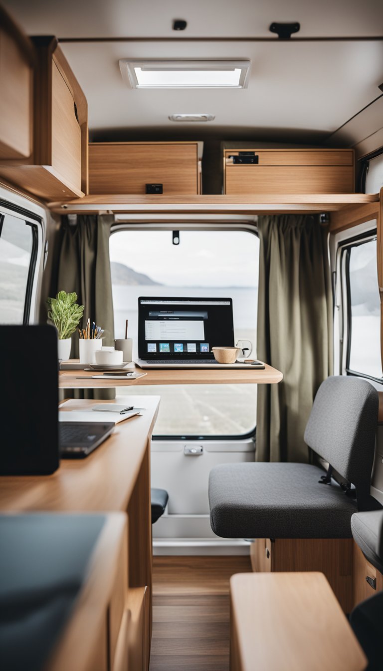 A fold-down desk is installed in a small camper, with a laptop and office supplies neatly arranged on it. The compact workspace maximizes the interior space