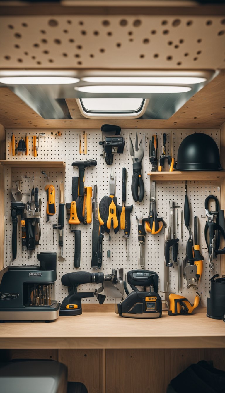 Pegboards hold neatly arranged tools and accessories in a small camper interior