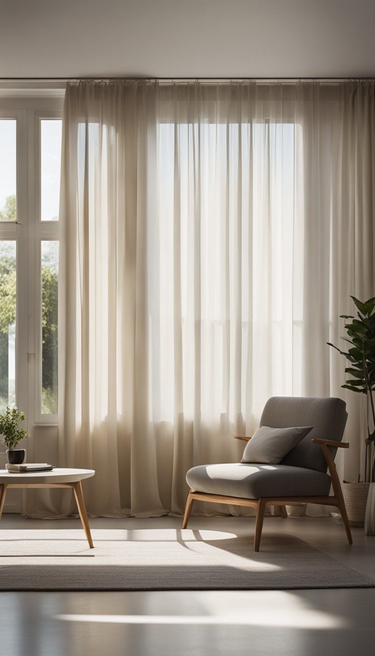 Sunlight fills a minimalist living room with sheer curtains or none at all. Clean lines and simple furnishings create a serene, uncluttered space