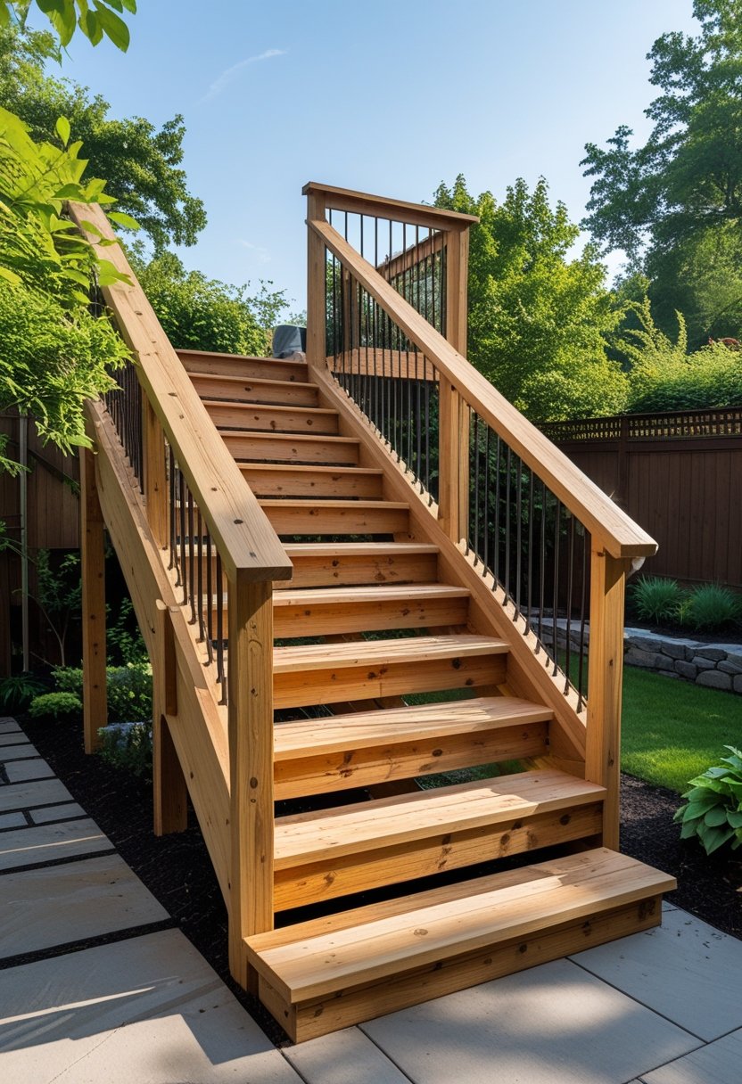 Outdoor wooden stairs made from pressure-treated wood in a garden setting with plants and a stone pathway.