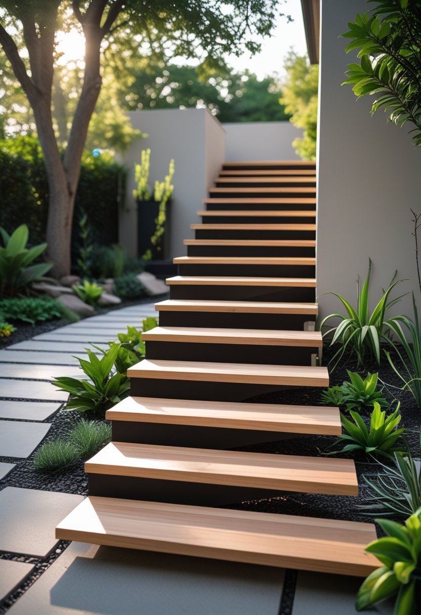 Outdoor wooden stairs without visible supports leading up alongside a garden with green plants and sunlight.