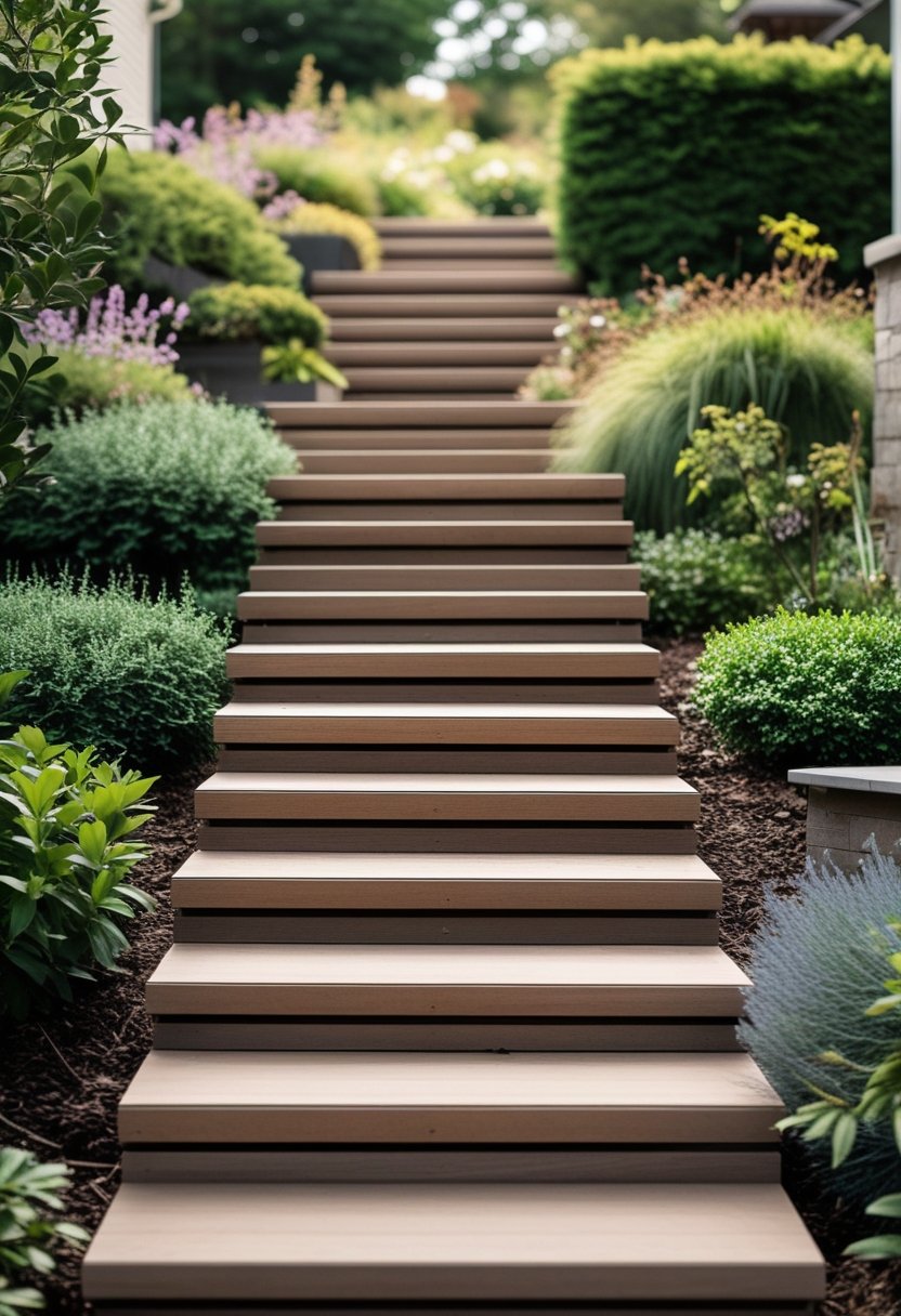 Outdoor stairs with wide, deep treads surrounded by greenery in a garden setting.