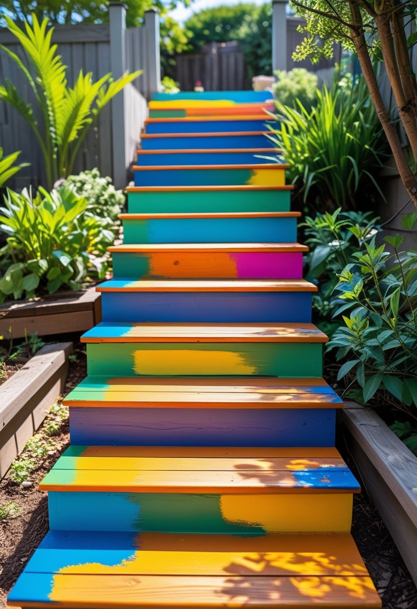Outdoor wooden stairs painted in bright colors surrounded by green plants and trees in a backyard.