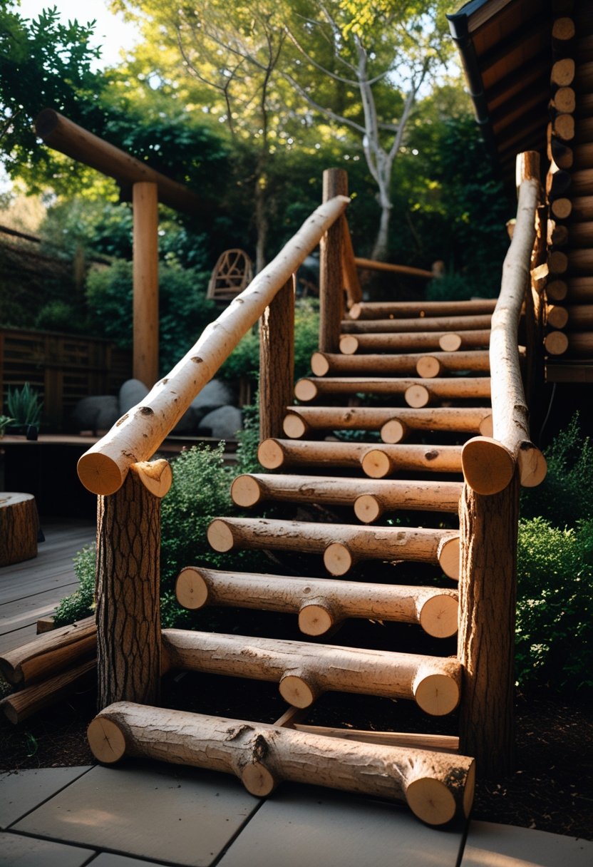 A wooden log staircase in a green backyard surrounded by plants and natural wood elements.