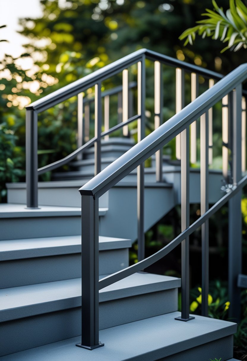 Outdoor stairs with metal railings surrounded by greenery.