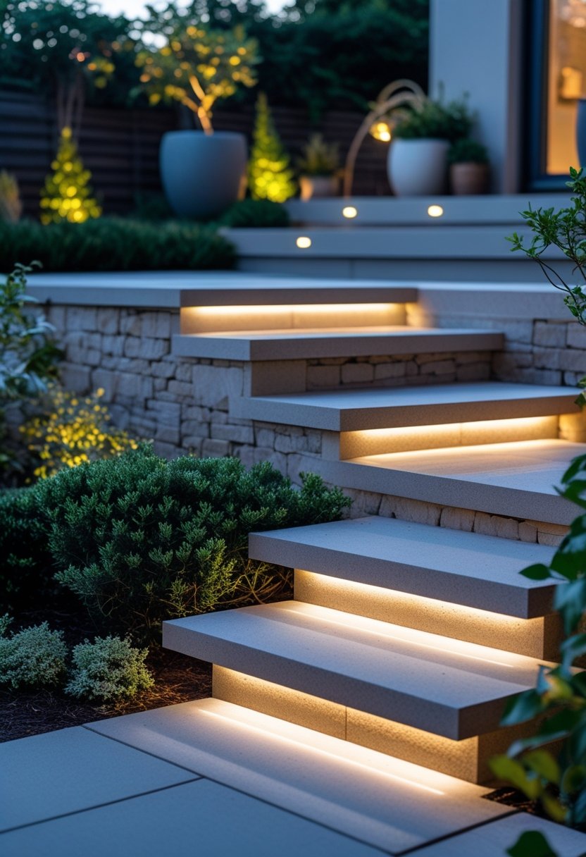 Outdoor stone stairs with built-in lights under each step glowing warmly in the evening surrounded by greenery.