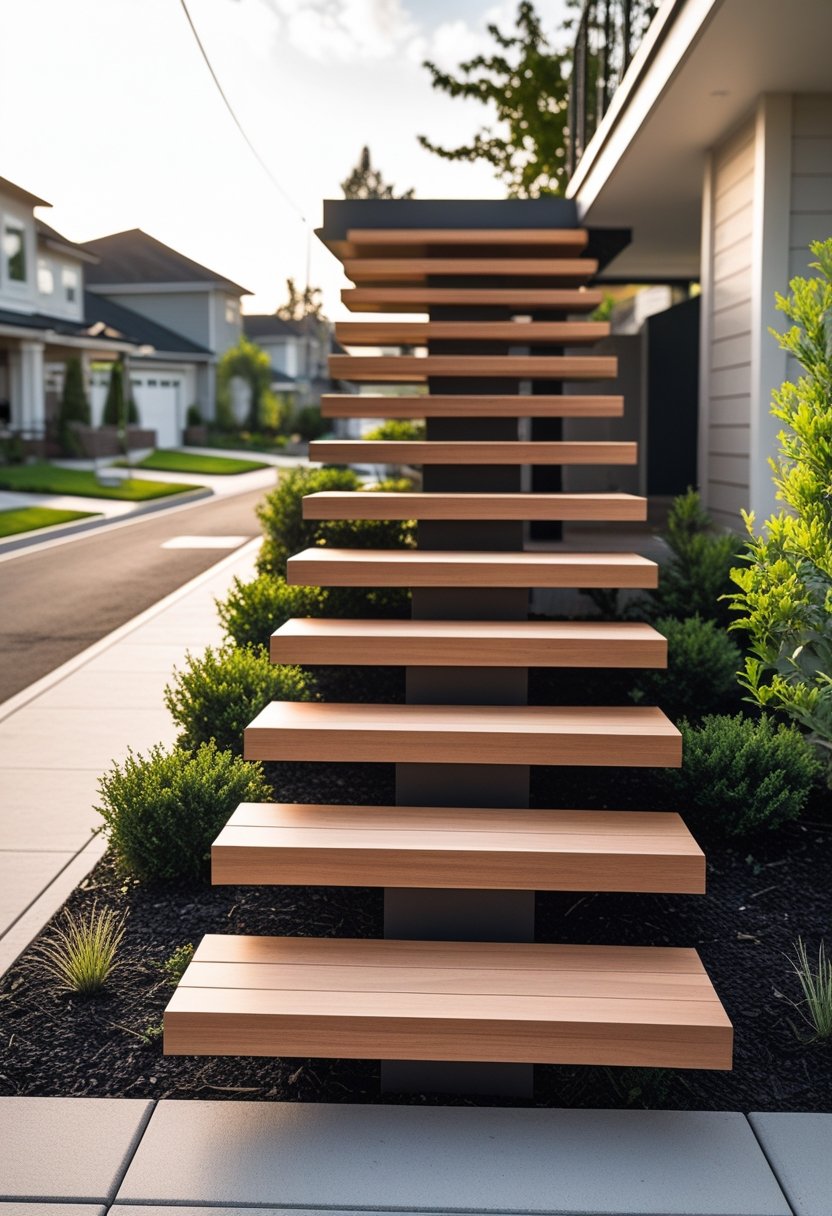 Outdoor floating wooden stairs with hidden supports in a neighborhood setting surrounded by greenery and houses.