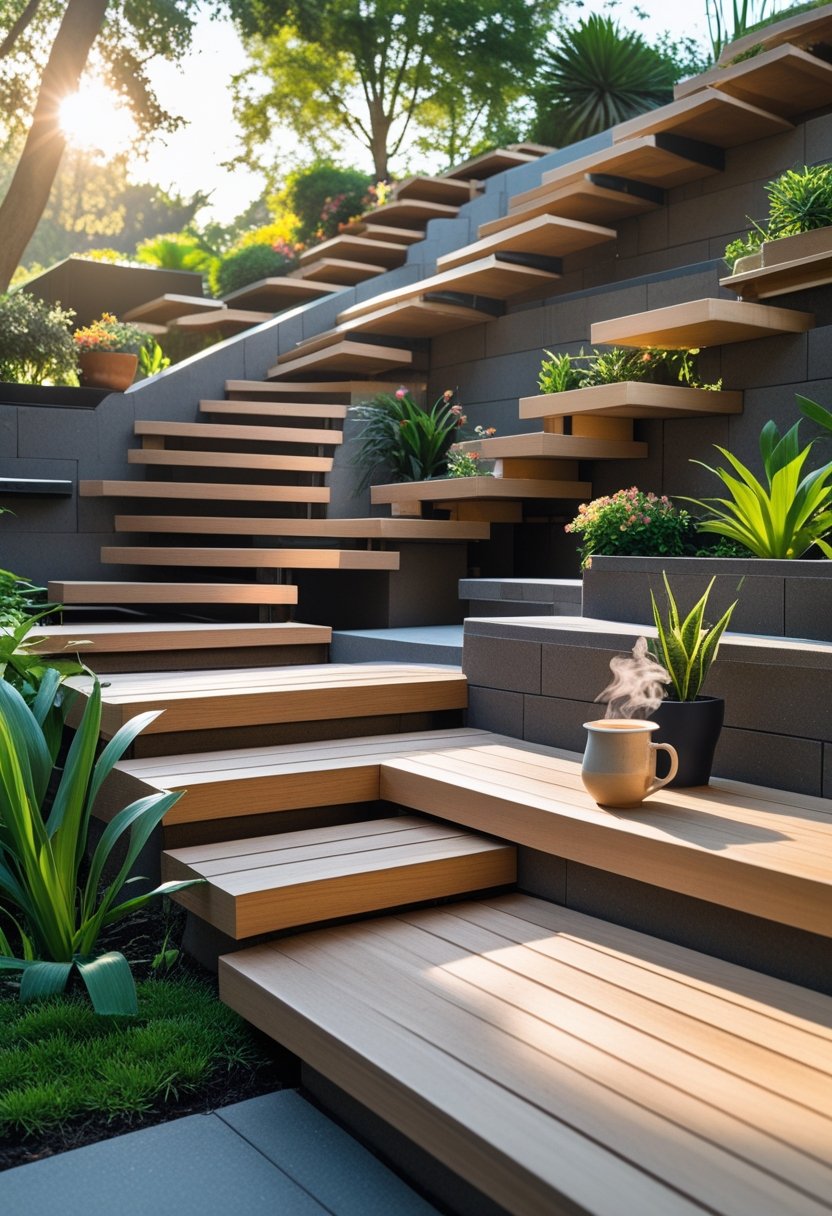 Outdoor wooden and stone stairs with multi-level platforms surrounded by greenery, featuring a small bench with a cup on one landing.