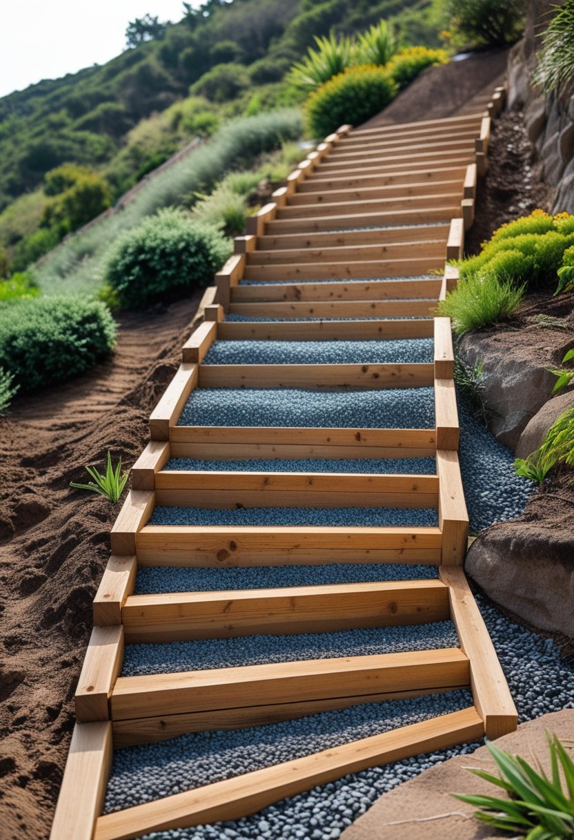 Outdoor hillside stairs with wooden stringers filled with gravel to prevent soil erosion surrounded by green plants and soil.