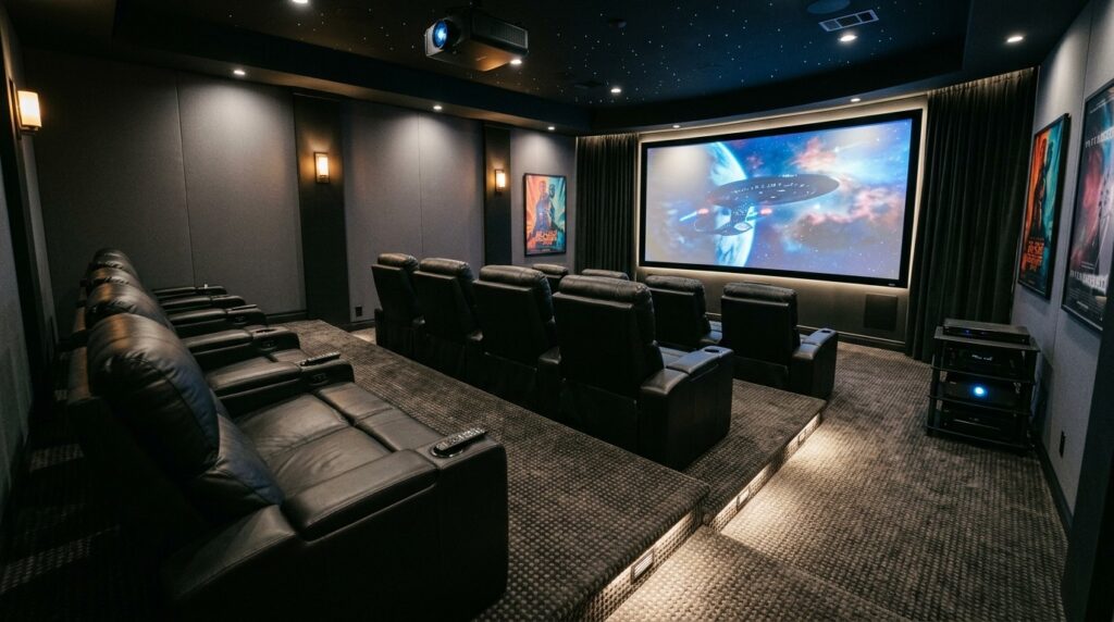 A home movie theater room with multiple rows of elevated recliner seats facing a large screen.