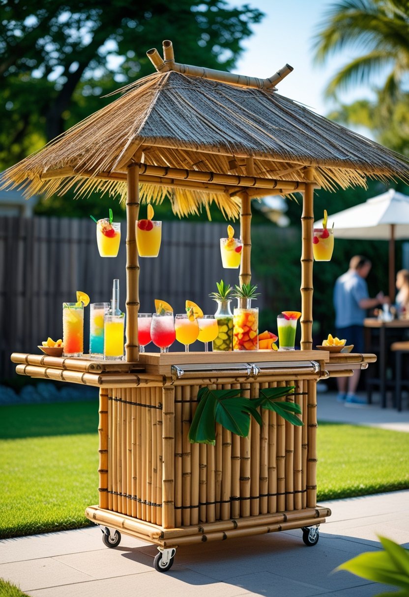 A portable tiki bar on wheels set up outdoors with tropical drinks and fruit, in a backyard with people socializing in the background.