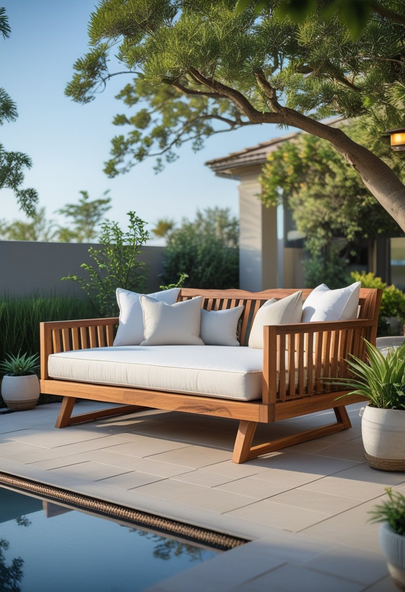 An outdoor patio with a wooden daybed featuring white cushions and pillows surrounded by greenery and plants.