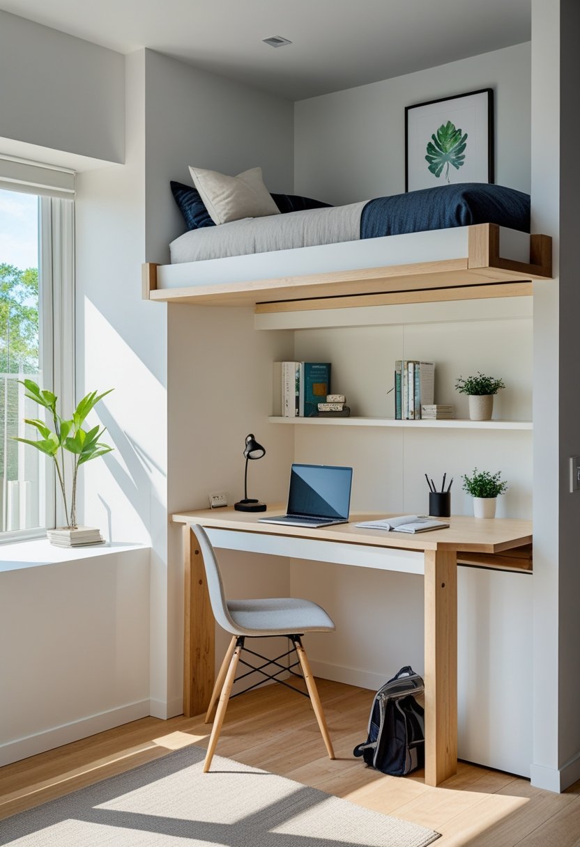 A small room with a loft bed and a built-in desk underneath, featuring a laptop, books, and a chair.