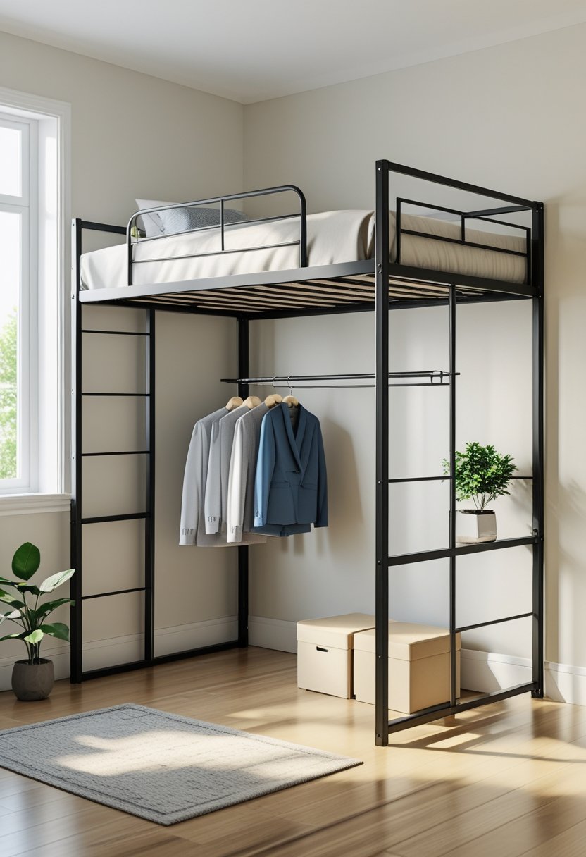 Metal loft bed with hanging closet space underneath in a small, tidy room.