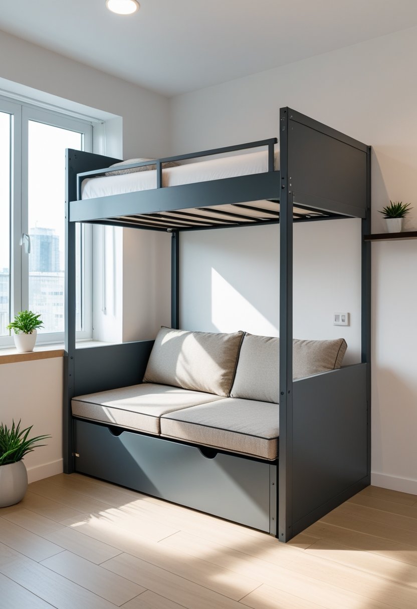A small room with a loft bed elevated above a fold-down cushioned seating area underneath.