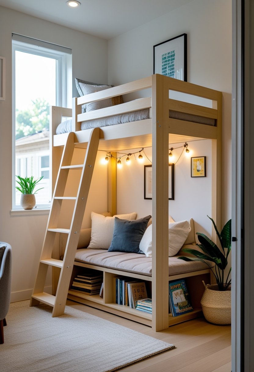 A loft bed with a cozy reading nook underneath, featuring cushions, bookshelves, and soft lighting in a small, bright room.
