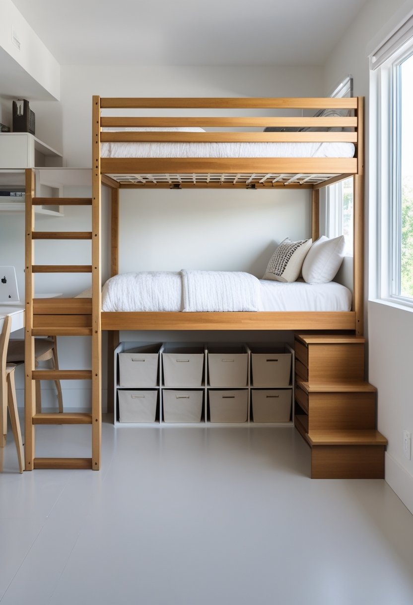 A loft bed with under-bed storage bins in a small, bright room.