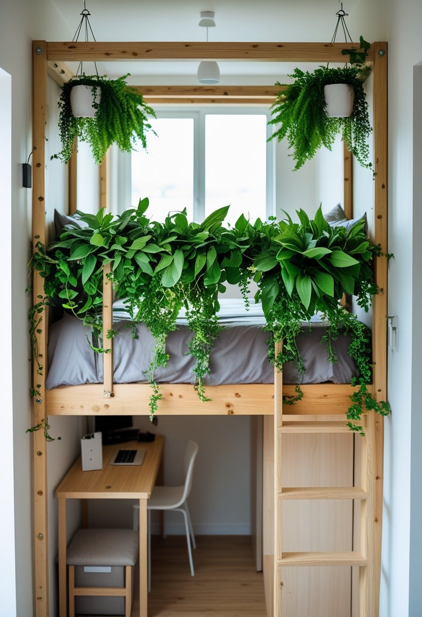 A small room with a wooden loft bed elevated above a workspace, decorated with hanging green plants.