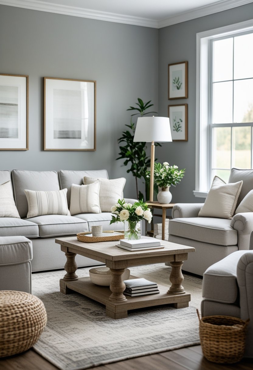 A living room with gray walls, white trim, a sofa, coffee table, and plants, bathed in natural light.
