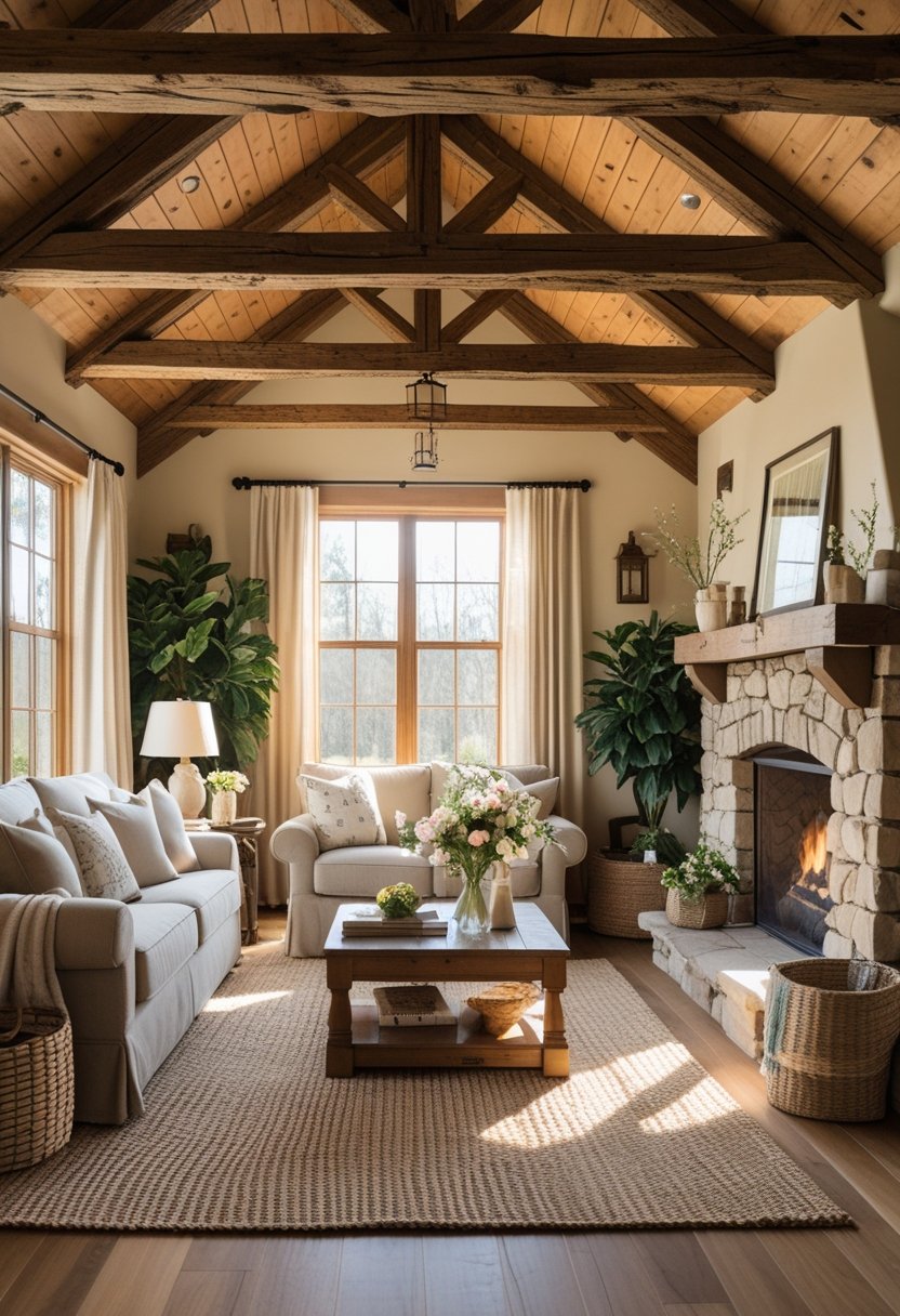 A cozy living room with exposed wooden ceiling beams, a sofa, coffee table, and a stone fireplace.