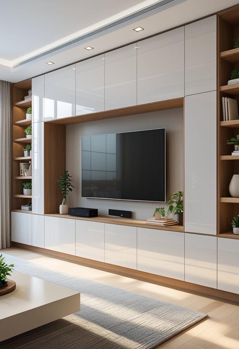 A modern living room with built-in cabinets and a TV wall unit, showing no visible wires or cables.