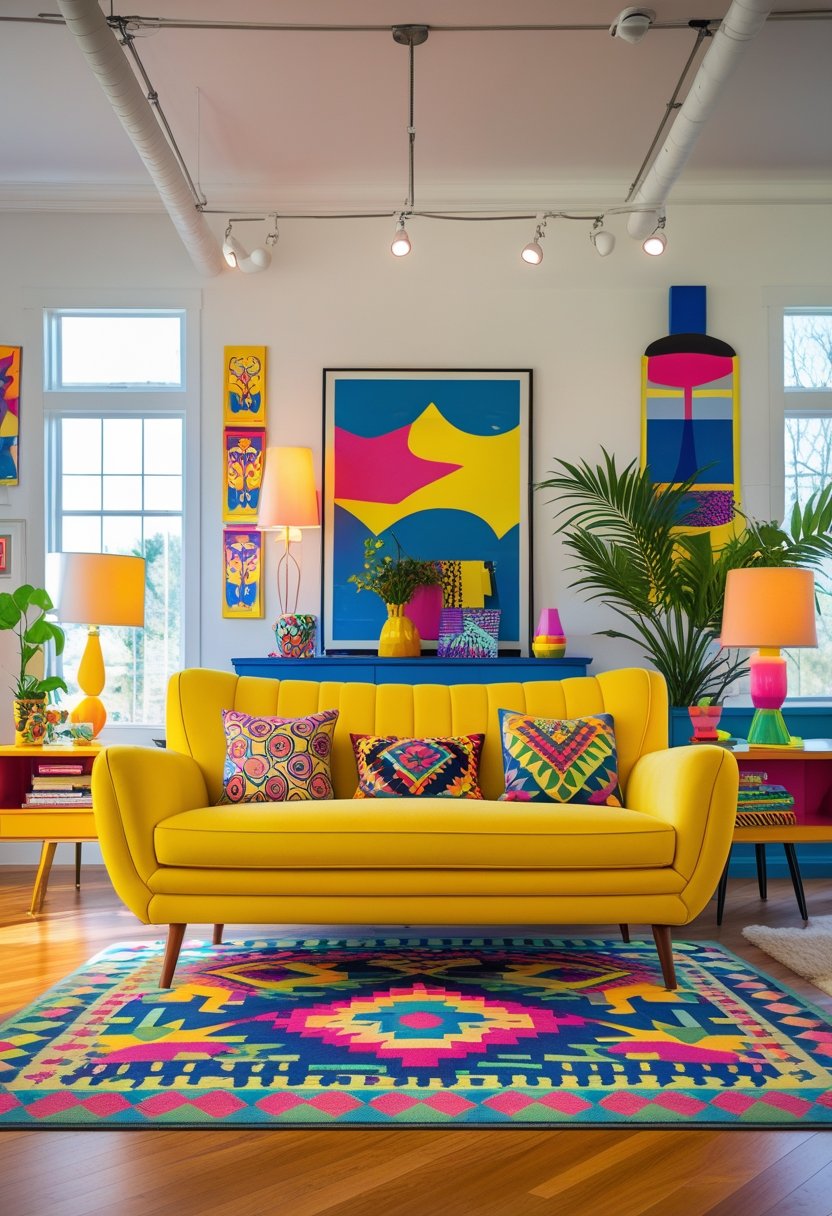 A bright yellow sofa in a colorful living room with patterned cushions, a coffee table, and large windows letting in natural light.