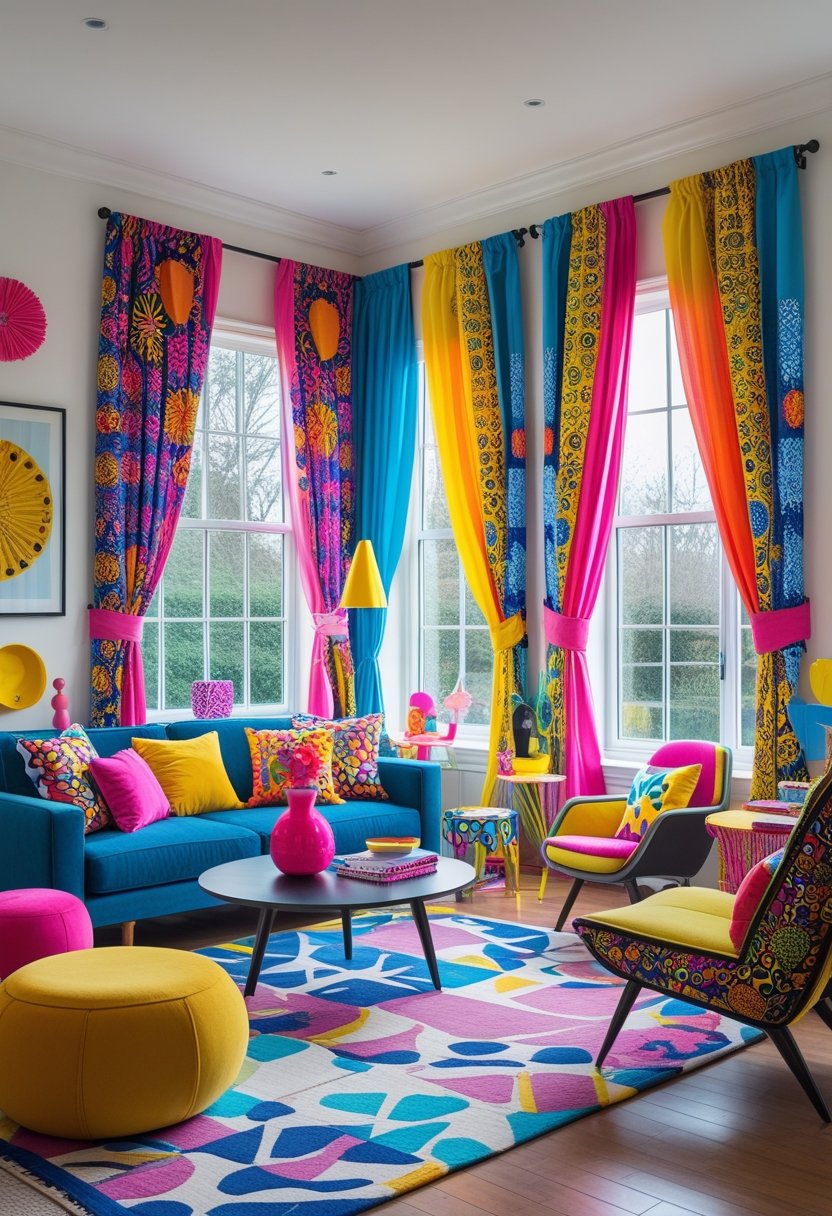 A colorful living room with large windows covered by bold patterned curtains, modern furniture, and decorative accents.