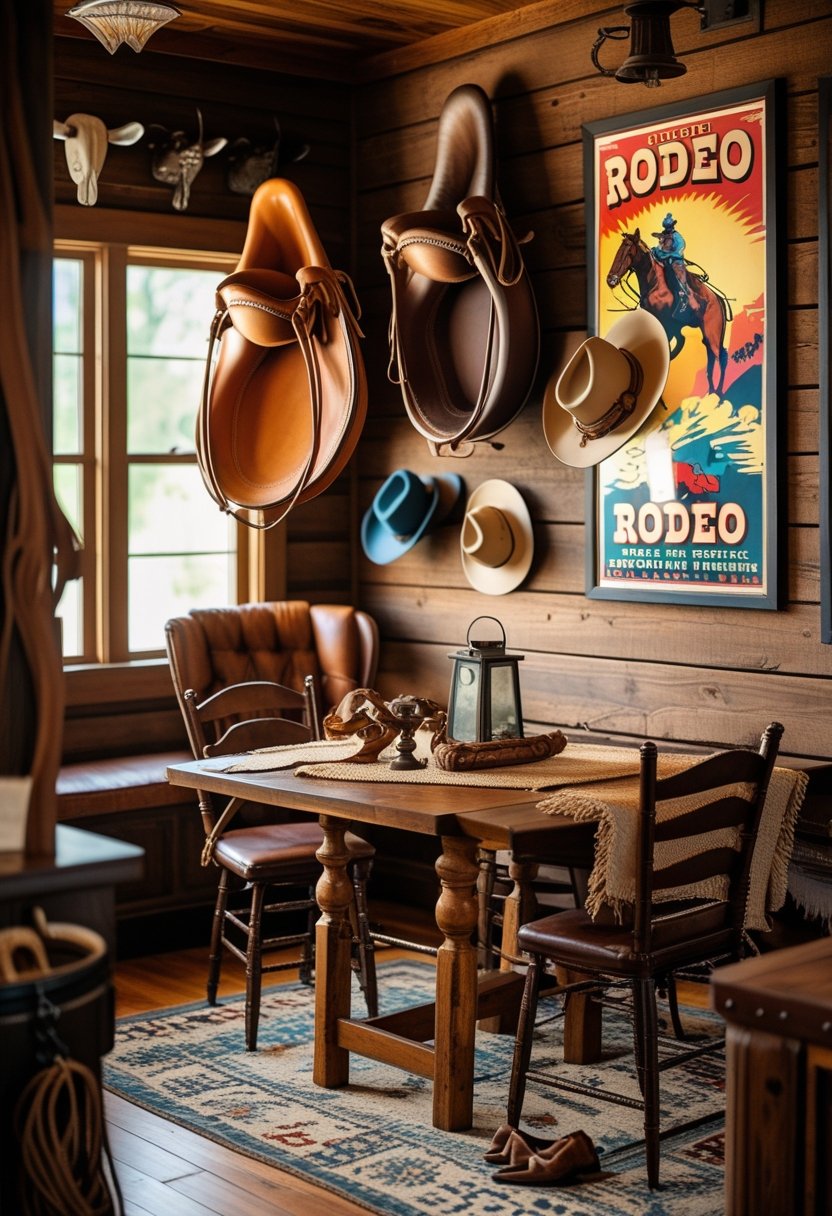A cozy room with wooden furniture, old leather saddles on the walls, and framed rodeo posters, decorated with cowboy hats and antique lanterns.