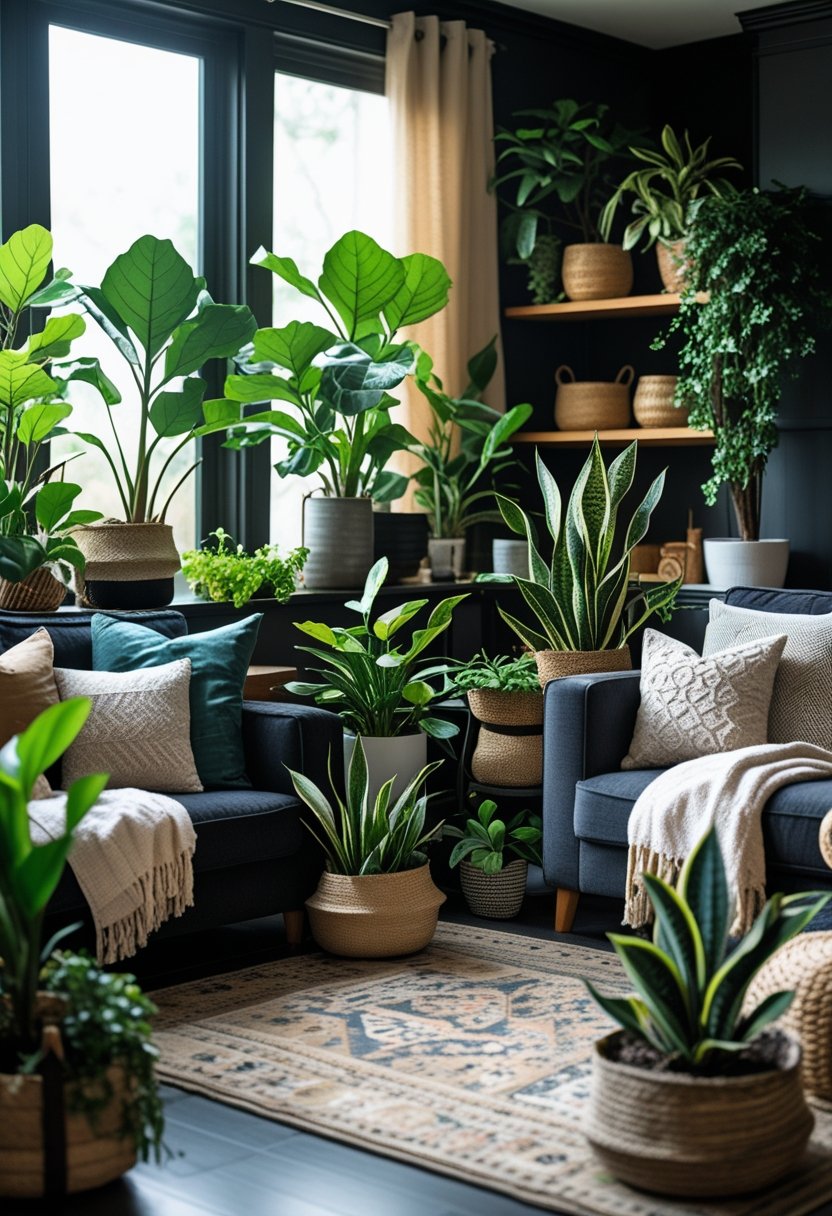 A living room with dark walls, comfortable seating, and many indoor plants including fiddle leaf figs and snake plants.