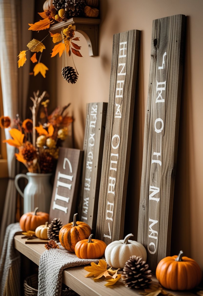 A cozy indoor scene with rustic wooden signs surrounded by pumpkins, dried leaves, pine cones, and autumn flowers on a wooden surface.