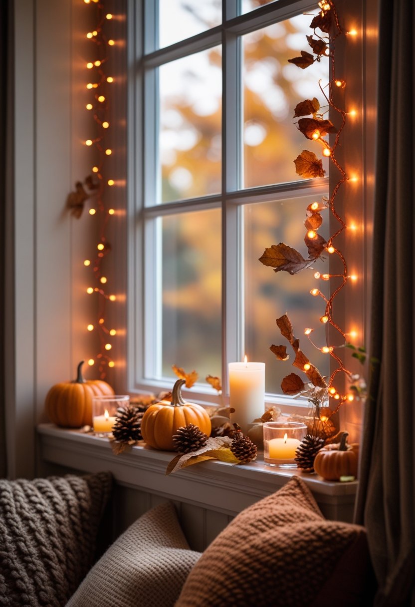 A window decorated with glowing copper fairy lights surrounded by fall-themed decorations like pumpkins, pinecones, and candles.