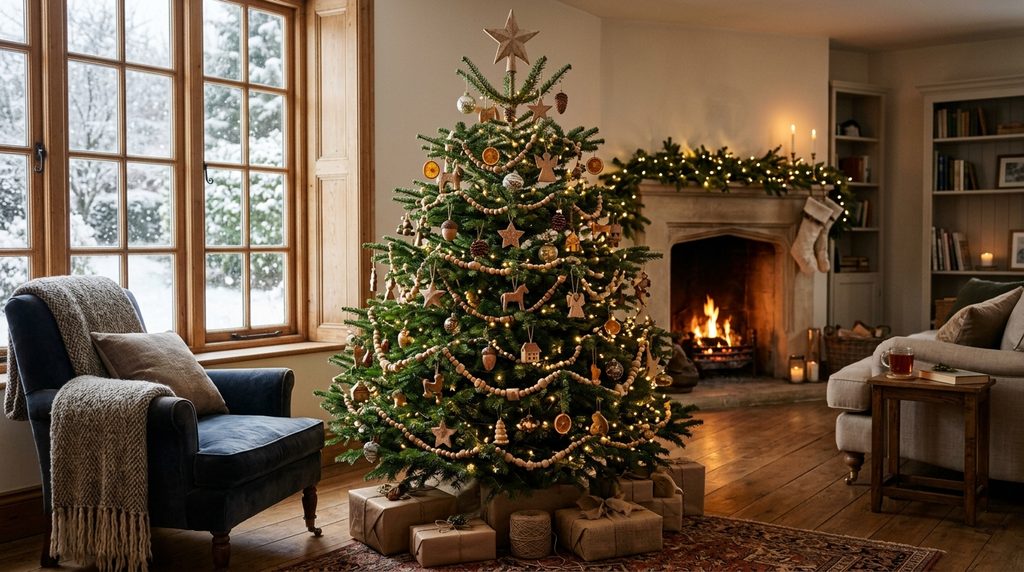 Christmas tree decorated with antique wooden ornament garlands and warm fairy lights in a cozy room with natural light.