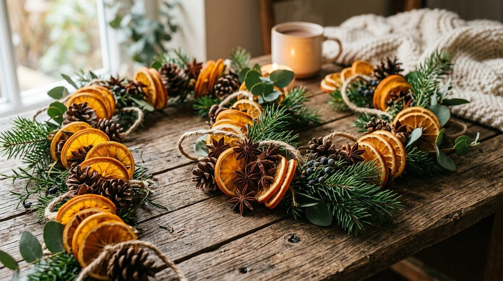Dried orange slices and star anise garlands arranged with pinecones and greenery on a rustic wooden surface.