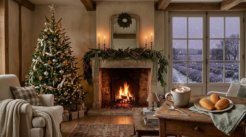 Cozy French country cottage Christmas living room with a decorated tree, stone fireplace, greenery, candles, and snowy views.