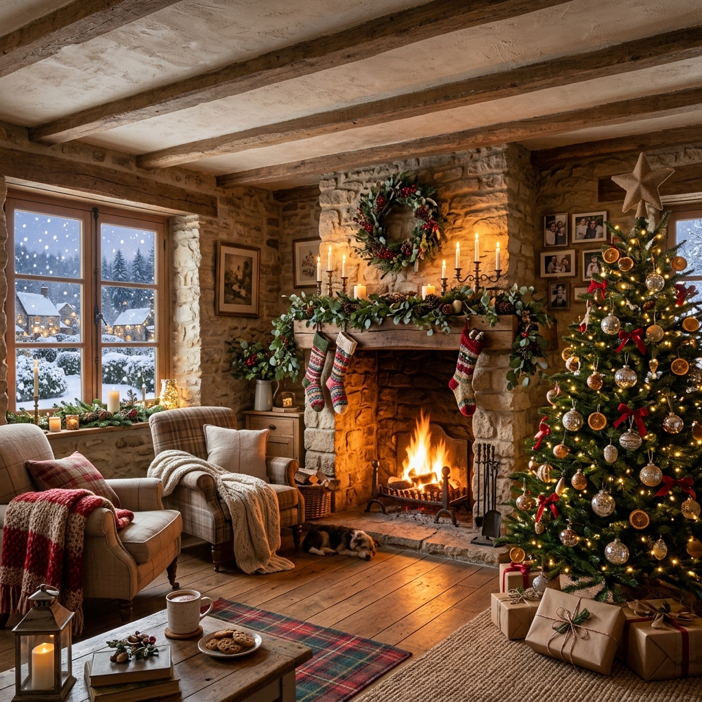 Cozy French country cottage Christmas living room with a decorated tree, stone fireplace, greenery, candles, and snowy views.