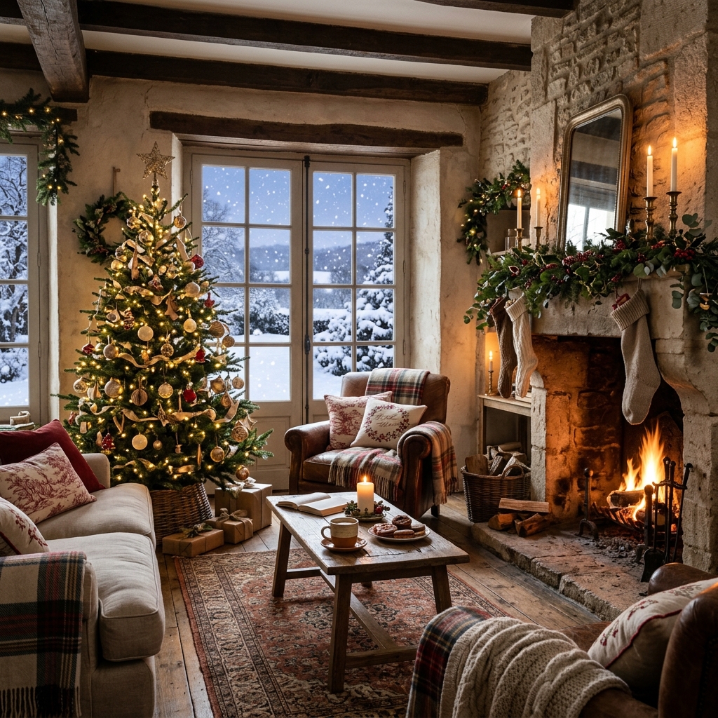 Cozy French country cottage Christmas living room with a decorated tree, stone fireplace, greenery, candles, and snowy views.