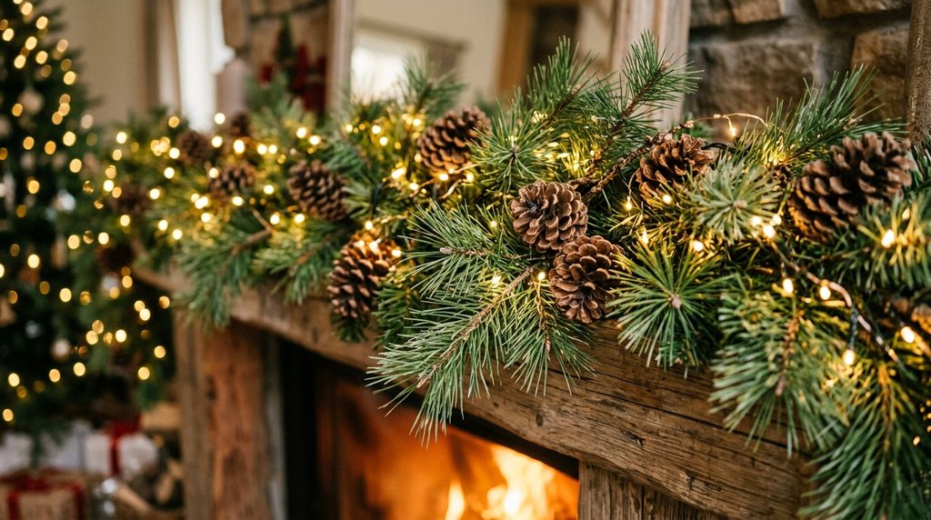 Close-up of a pine branch garland decorated with twinkling fairy lights and pine cones, creating a warm and festive holiday scene.