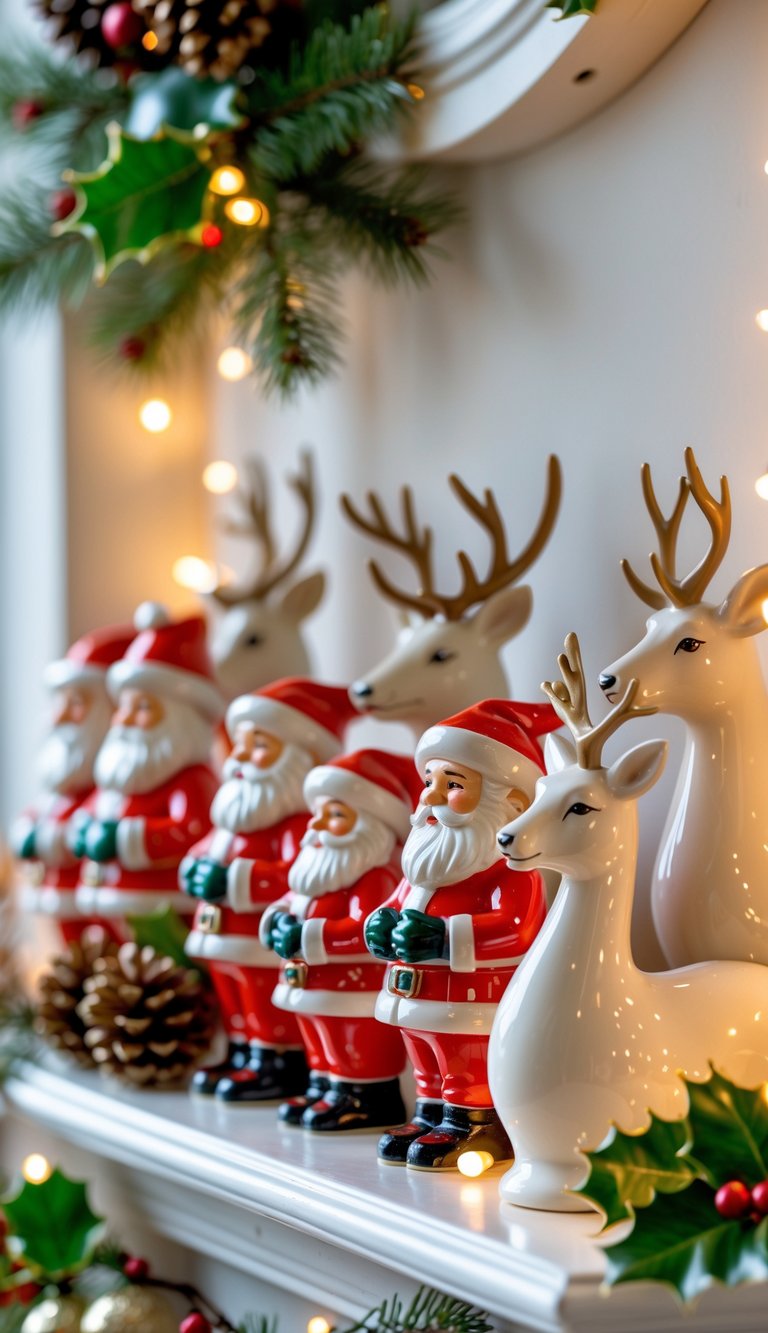 A Christmas shelf displaying ceramic Santa Claus and reindeer figurines with pinecones and fairy lights.